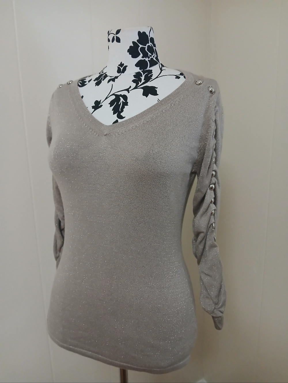 Etcetera Metallic V-Neck Sweater with Beaded Sleeves